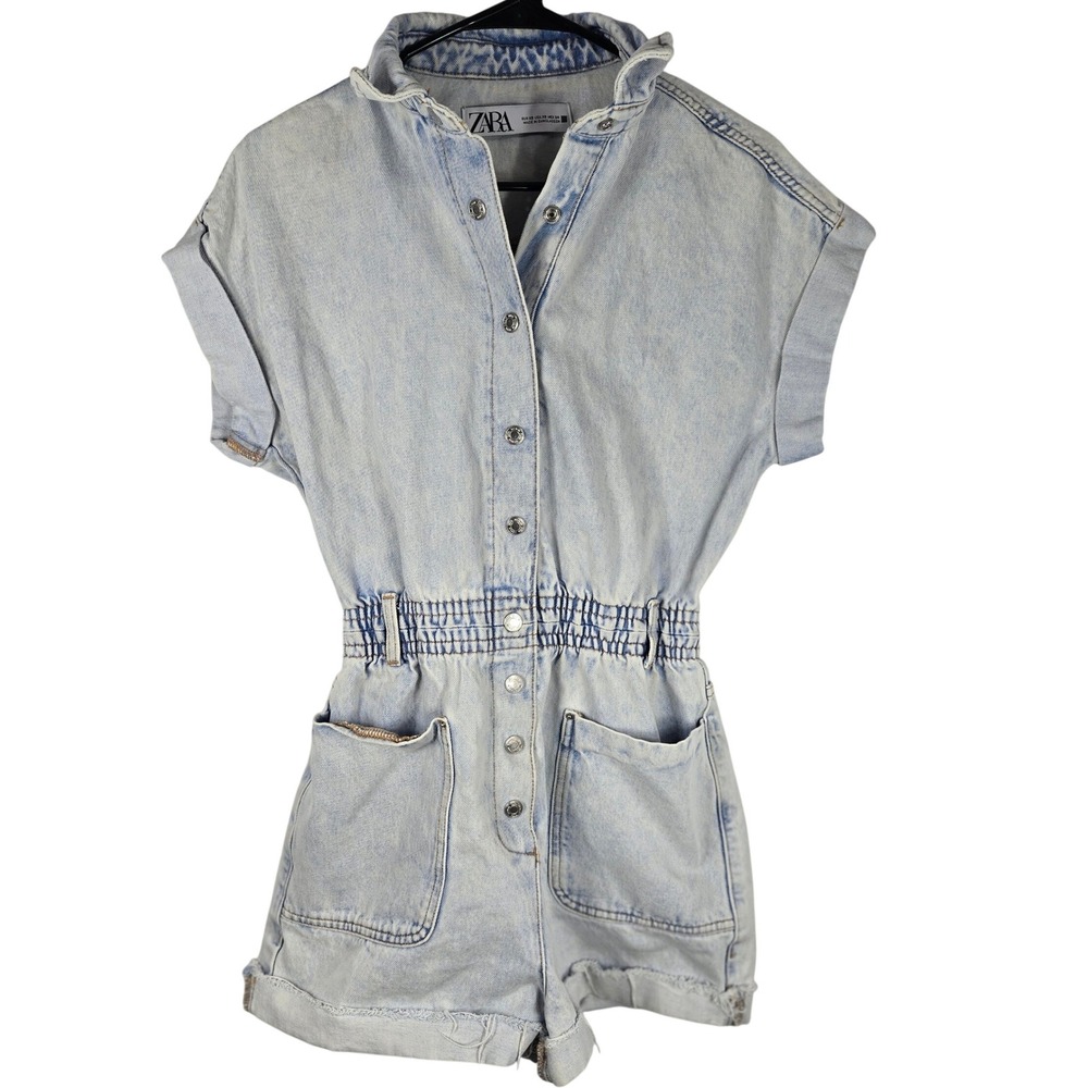 Zara Denim Romper Jumpsuit Button Down Short Sleeve Blue XS One Piece Streetwear